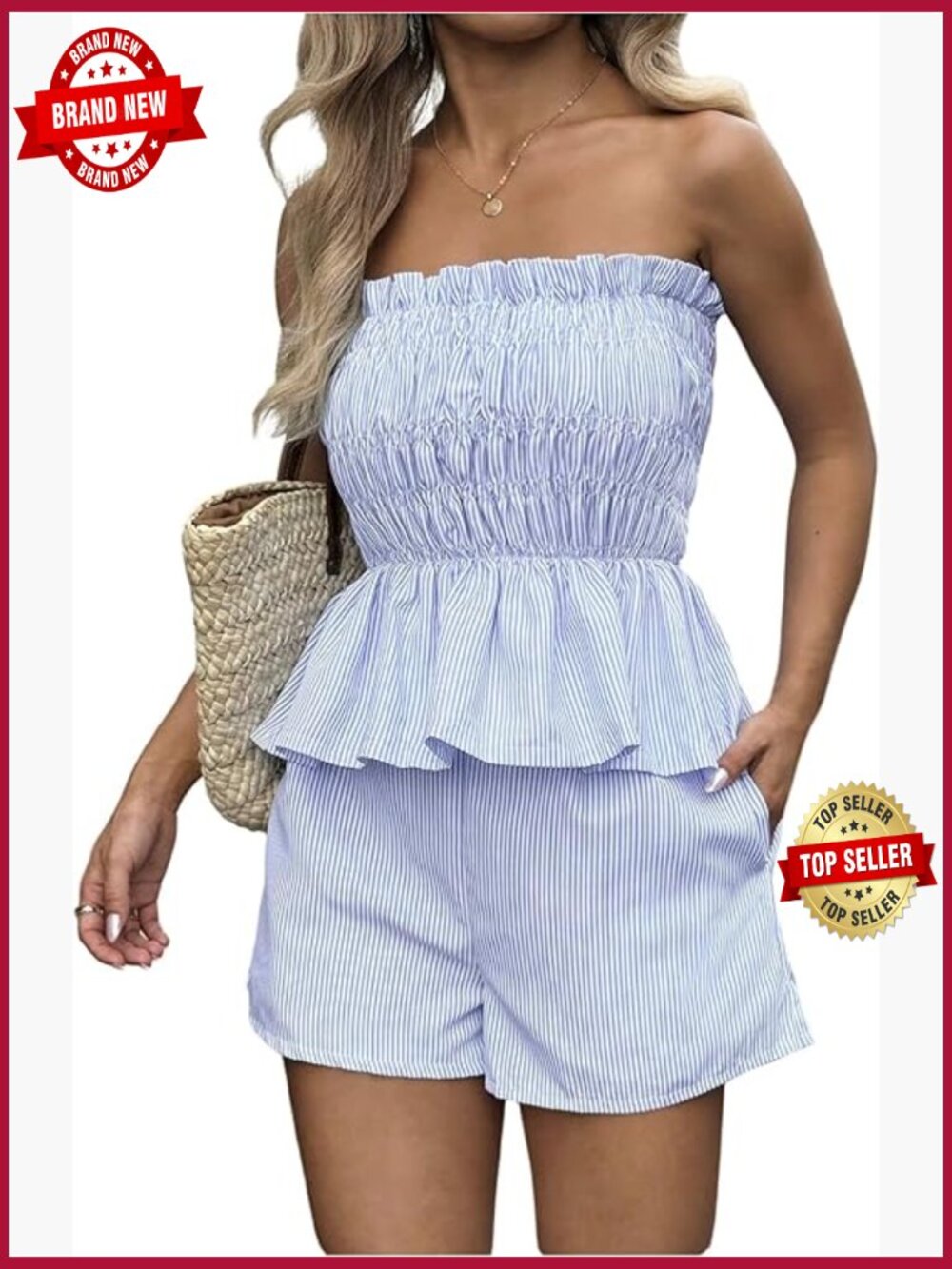 Striped Peplum Ruffle Tube Top and Shorts Set Summer Outfit